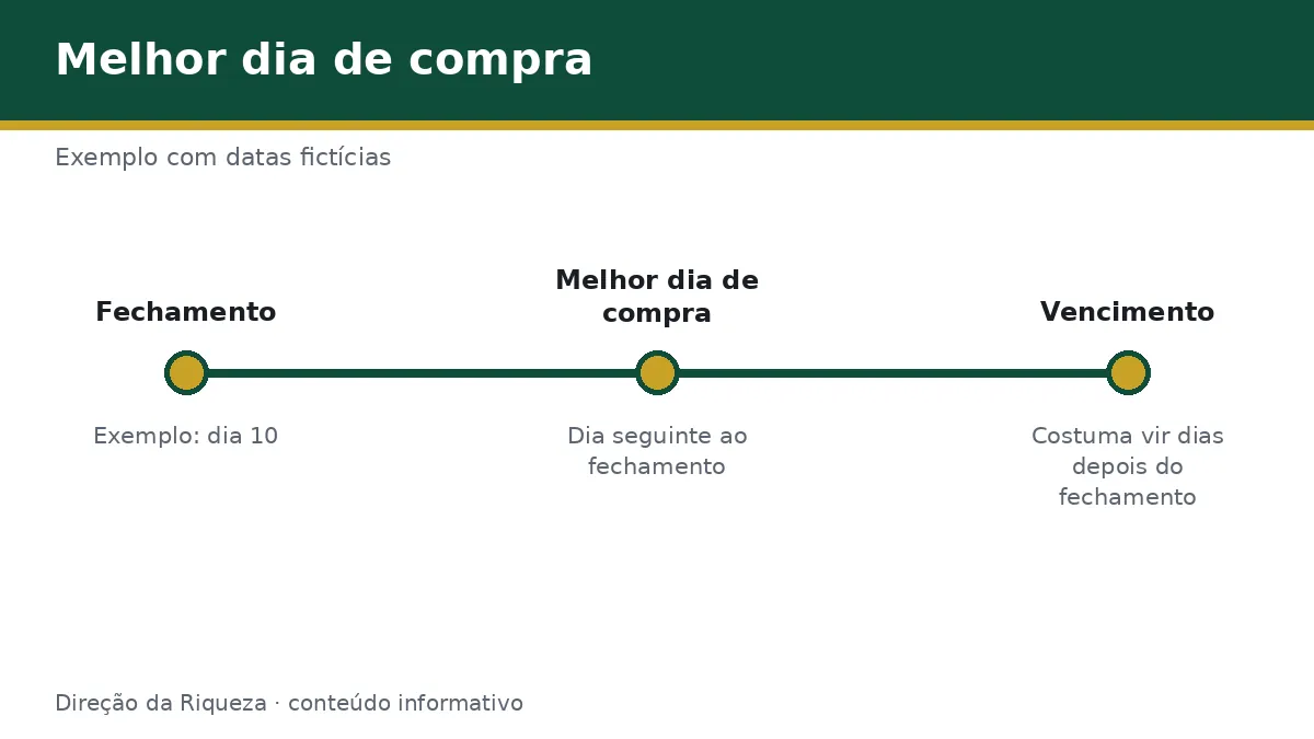 Linha do tempo com fechamento, melhor dia de compra e vencimento da fatura, com datas de exemplo